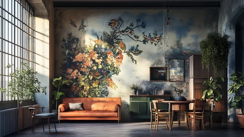 Loft living room with mural wall and warm natural light.