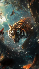 Stalking tiger moves through dense forest light and shadow.