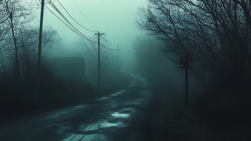 Foggy rural road with bare trees and overhead power lines.