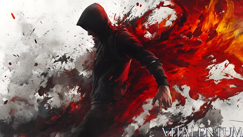 Hooded figure dissolves into dynamic red fluid explosion flow