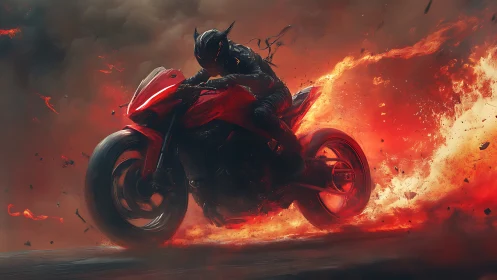 Motorcyclist in dark armor riding through intense flames.