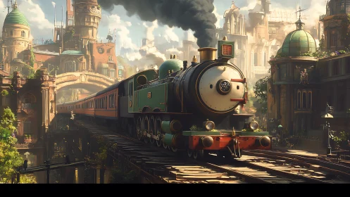 Steam locomotive crossing ornate steampunk city viaduct.
