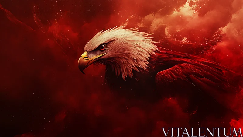 Digital bald eagle profile in dense red atmospheric field.