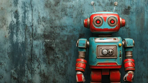 Retro teal robot stands against weathered steel wall.