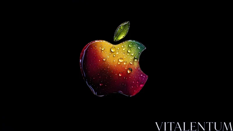 Vibrant Rainbow Apple Logo with Water Droplets on Black Background.