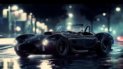 Noir roadster rendered in high-gloss night street illumination