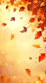 Golden autumn leaves drifting softly in warm evening light.