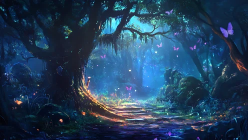 Bioluminescent Forest Pathway with Glowing Flora
