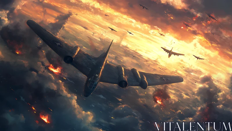 Sunset bomber wings carve burning corridors through clouds