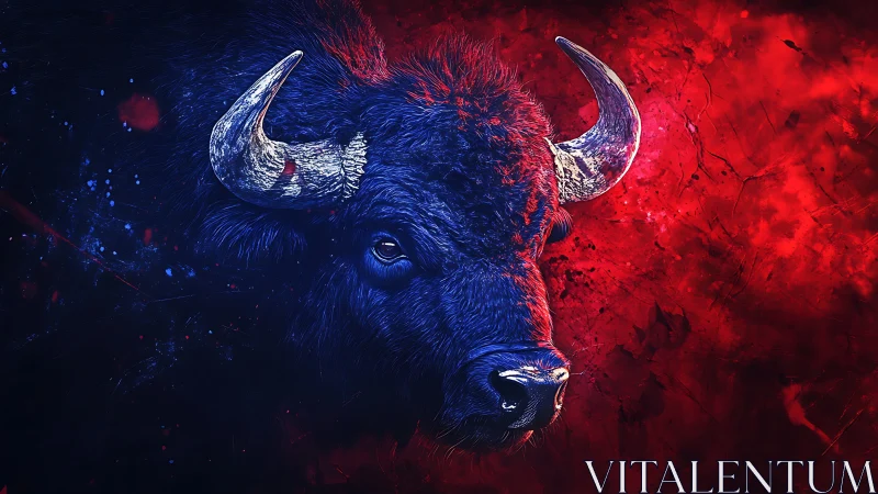 Nebula-Horned Bison Adrift in Electric Crimson Storms.