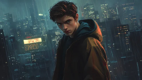 Brooding cyber-noir youth dominates rain-soaked night skyline