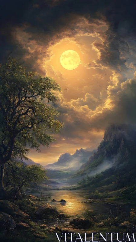 Luminous full moon backlights misty valley river in layered clouds