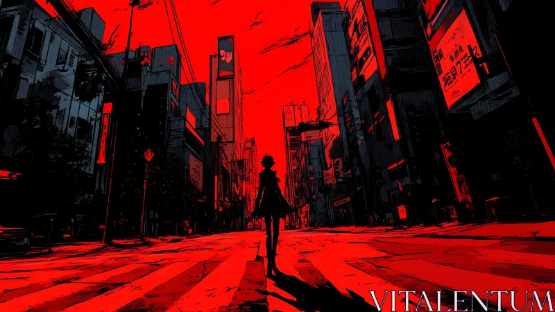 Lone silhouette crosses a blood-red neon city street at dusk.
