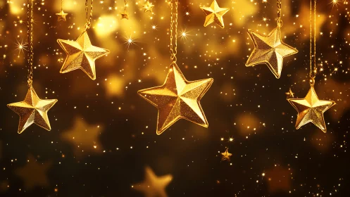 Hanging metallic gold star ornaments with glowing bokeh field