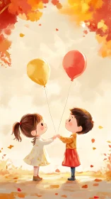Two Children Share Colorful Balloons in Autumn Magic