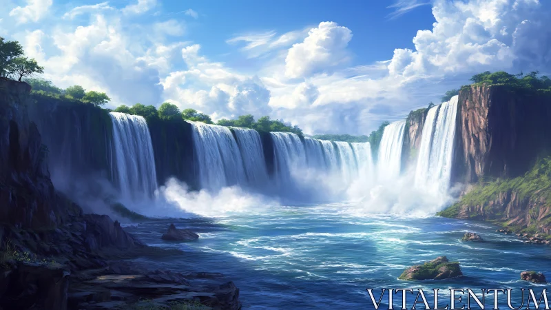 Wide multi-tiered waterfalls in rocky forested canyon.