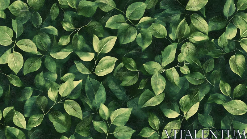 Dense green leaf pattern repeats across deep forest background