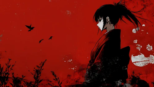 Solitary anime girl in red kimono on stark red sky.