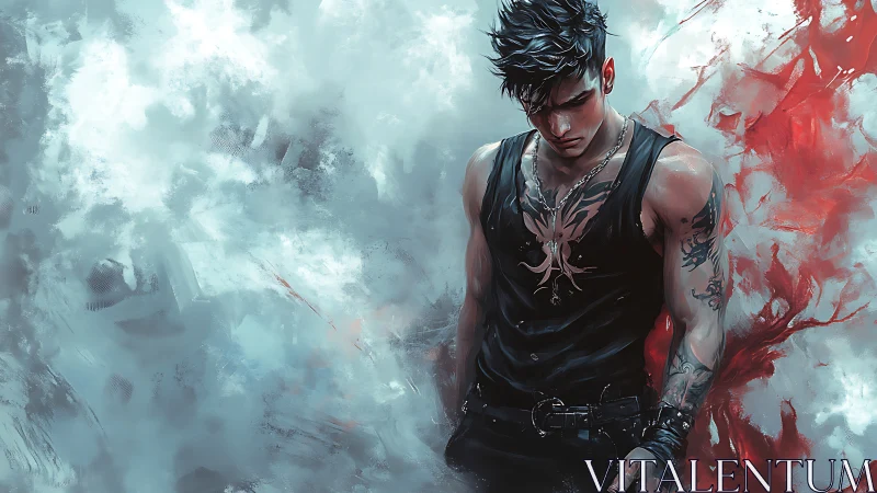 Brooding tattooed man stands amid icy smoke and blood mist