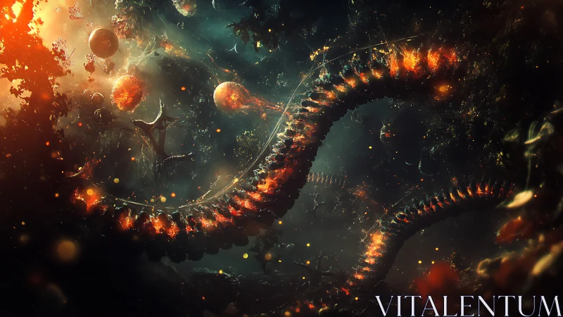 Bioluminescent cosmic serpent coiling through nebular debris field