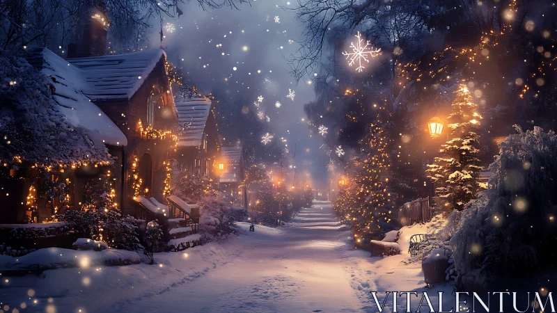 Snowy village street lined with glowing Christmas lights.