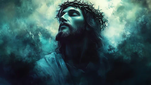 Digital painting of crowned figure in ethereal teal mist.