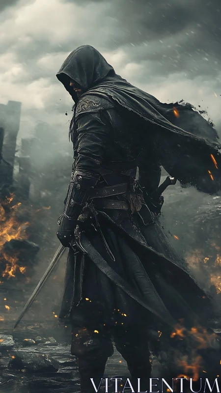 Hooded rogue strides through storm and fire with drawn blade.