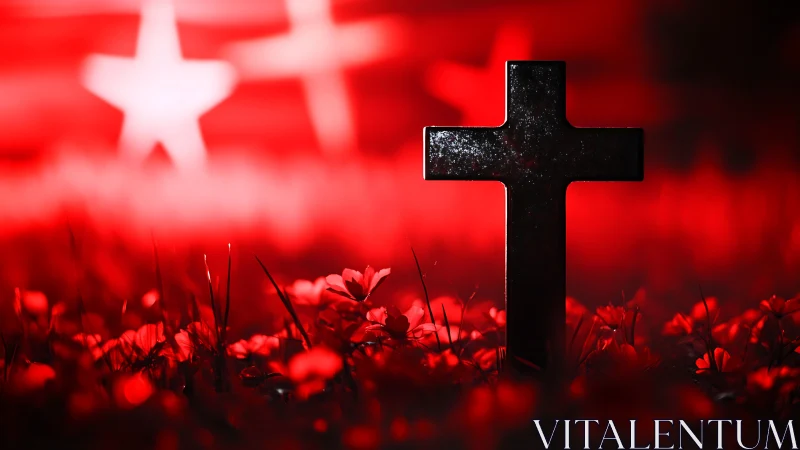 Glossy black grave cross in shallow focus red poppy field