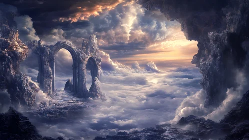 Atmospheric stone arches suspended above volumetric cloud sea.