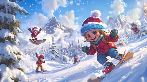 Dynamic stylized children snowboarding in bright alpine sunlight