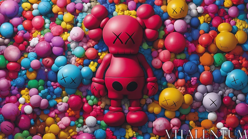 Pop vinyl character amid dense multicolor bubble field.