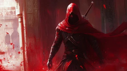Hooded crimson assassin emerging through swirling bloodstorm.