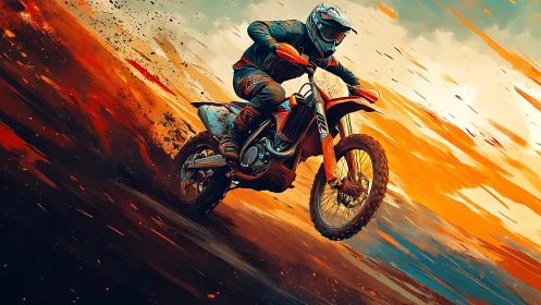 Dust‑carving dirt biker streaks through molten sunset sky.