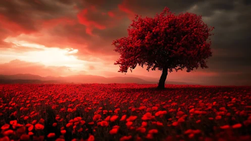 Solitary red tree dominates glowing poppy field at dusk