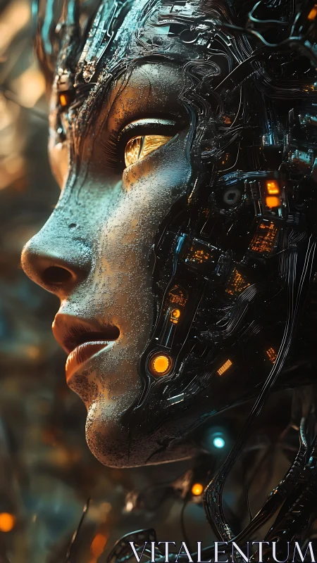 Cyborg profile glows with circuitry in moody amber light