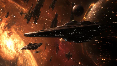 Colossal starships cross a blazing industrial galaxyscape.