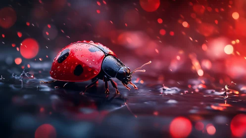 Wet ladybug on reflective surface under vivid red light.