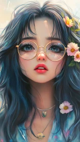 Digital portrait of girl with glasses, floral accents, and glossy shading