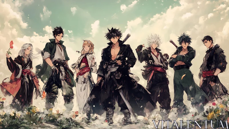 Seven wandering warriors stand united in a gentle dawn sky