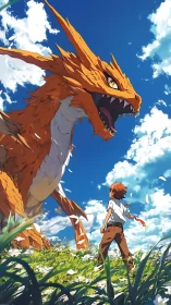 Boy confronts towering orange dragon under vibrant sky.