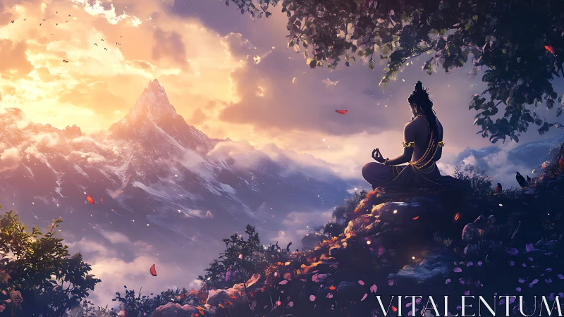 Figure seated in meditation on cliff above distant mountain range.