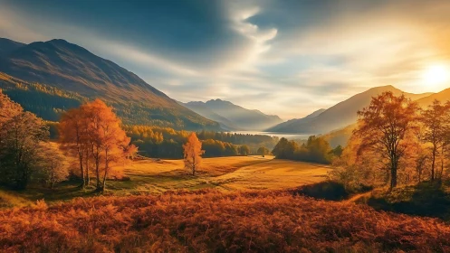 Golden autumn valley under dramatic mountain sunset.