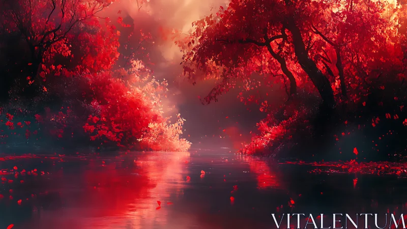 High-saturation crimson forest river under diffuse volumetric backlight