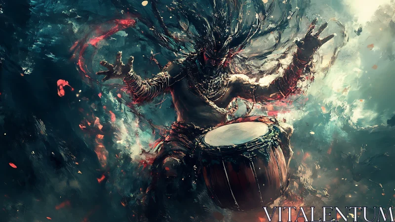 Mythic spirit drummer unleashes swirling elemental soundscape.