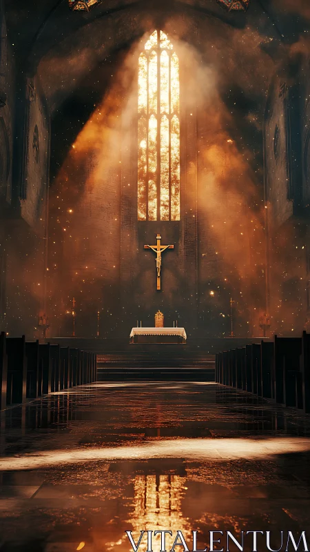 Sunlit cathedral aisle glowing with quiet golden reverence.