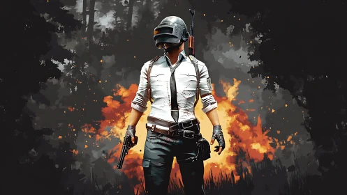 Helmeted armed figure stands before stylized explosion