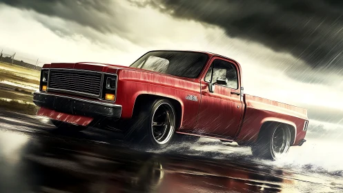 Lowered red pickup truck drifts through wet storm runway