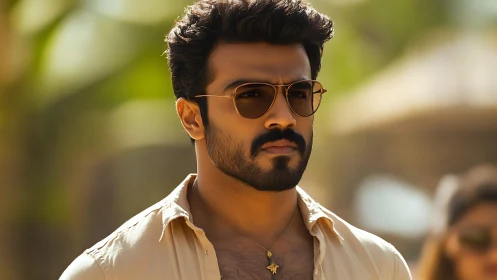 Man wearing sunglasses stands outdoors in soft daylight