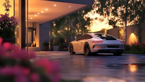 White sports car parked on reflective driveway at sunset