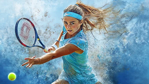Dynamic female tennis player strikes powerful forehand shot